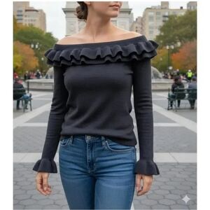 White House Black Market Women's Ruffle Trim Sweater XSP Navy